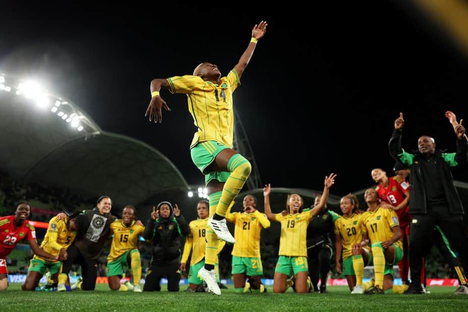 Jamaica's Deneisha Blackwood celebrates with teammates after the draw with Brazil.