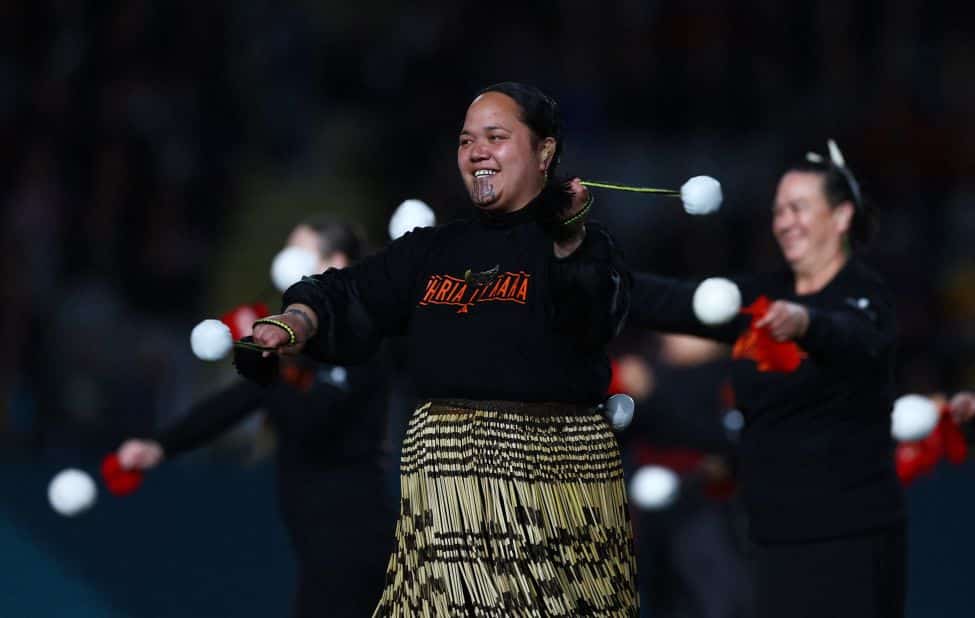 A performer dances before the semifinal between Spain and Sweden.