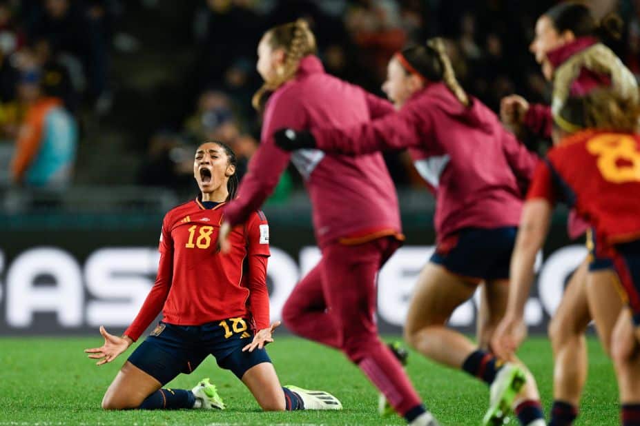 Salma Paralluelo, left, celebrates with teammates after <a href=