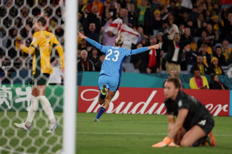 England's Alessia Russo celebrates scoring the Lionesses' third goal to seal the victory against Australia.