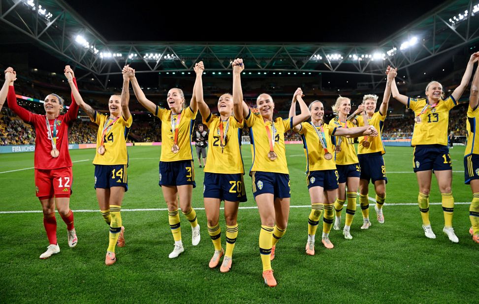 Swedish players celebrate after defeating Australia 2-0 in the <a href=