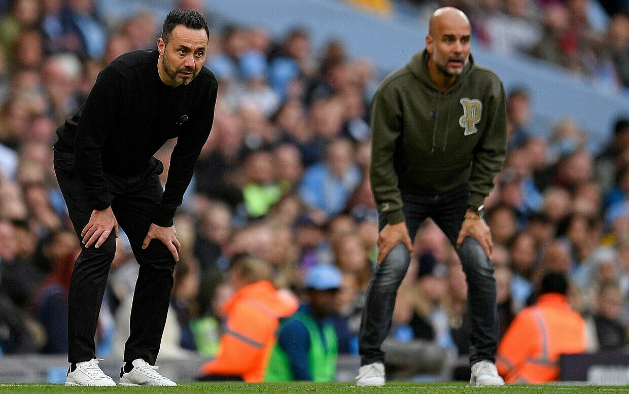 Màn đấu trí giữa Pep Guardiola và De Zerbi là tâm điểm ở trận Man City gặp Brighton. Ảnh: Reuters